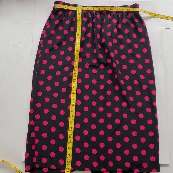 VINTAGE 80s SILK POLKA DOT SKIRT TOP SET PINK PUFF SLEEVE PEPLUM ELASTIC SIZE 10 - Picture 12 of 12